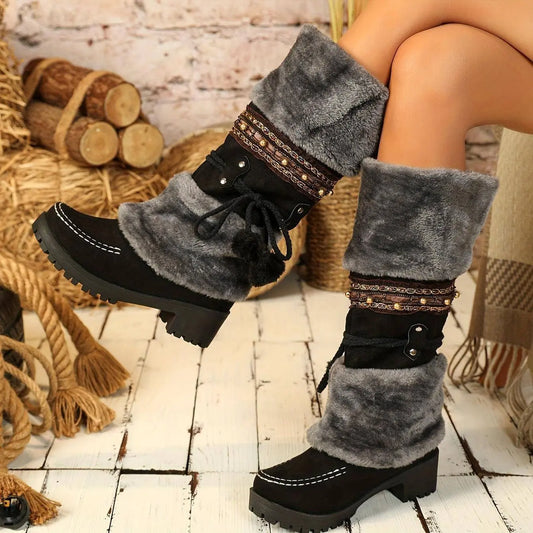 Women's Retro Snow Boots, Fleece Pom-pom Decor Chunky Heeled Boots, Winter Warm Mid Calf Boots SS69