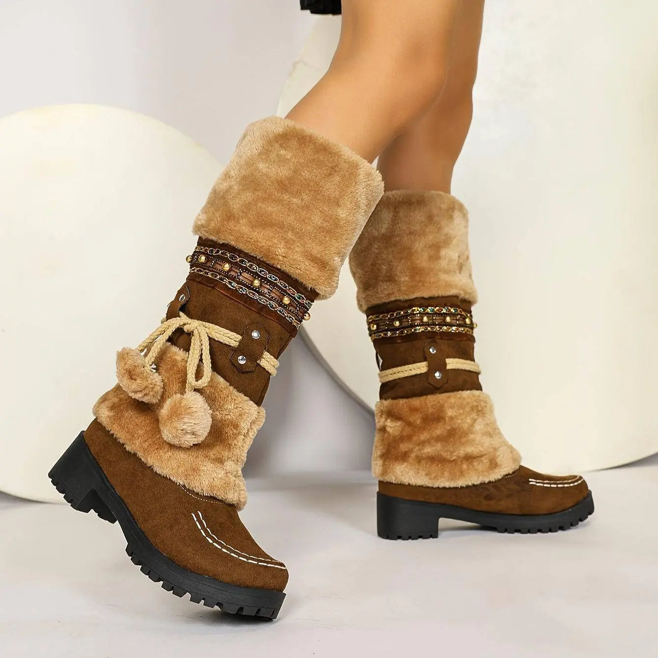 Women's Retro Snow Boots, Fleece Pom-pom Decor Chunky Heeled Boots, Winter Warm Mid Calf Boots SS69