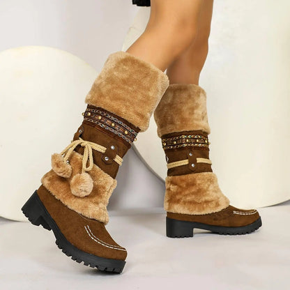 Women's Retro Snow Boots, Fleece Pom-pom Decor Chunky Heeled Boots, Winter Warm Mid Calf Boots SS69