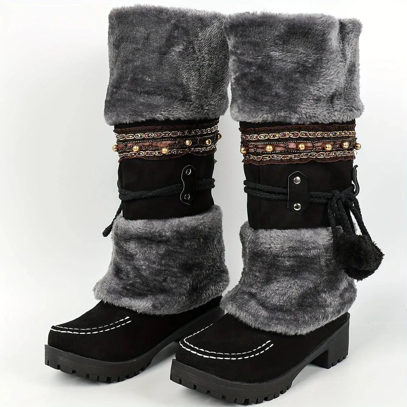 Women's Retro Snow Boots, Fleece Pom-pom Decor Chunky Heeled Boots, Winter Warm Mid Calf Boots SS69