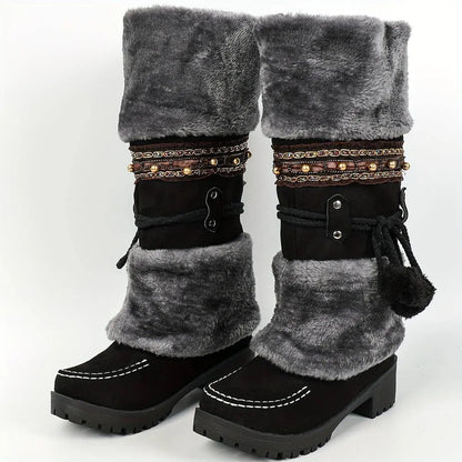 Women's Retro Snow Boots, Fleece Pom-pom Decor Chunky Heeled Boots, Winter Warm Mid Calf Boots SS69