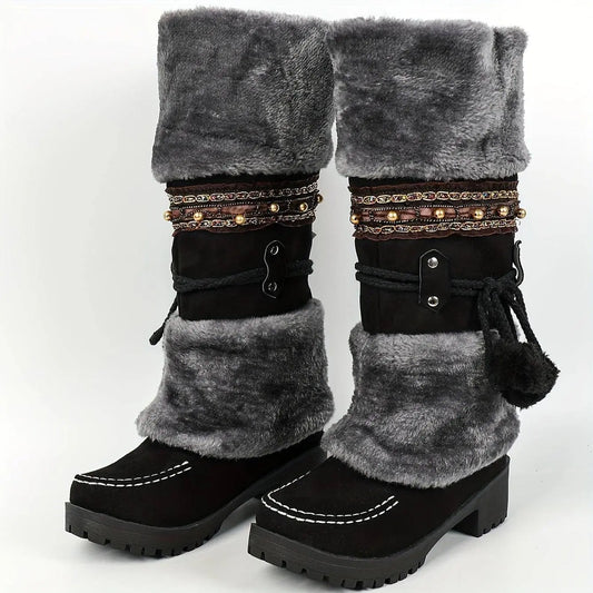 Women's Retro Snow Boots, Fleece Pom-pom Decor Chunky Heeled Boots, Winter Warm Mid Calf Boots SS69