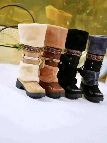 Women's Retro Snow Boots, Fleece Pom-pom Decor Chunky Heeled Boots, Winter Warm Mid Calf Boots SS69