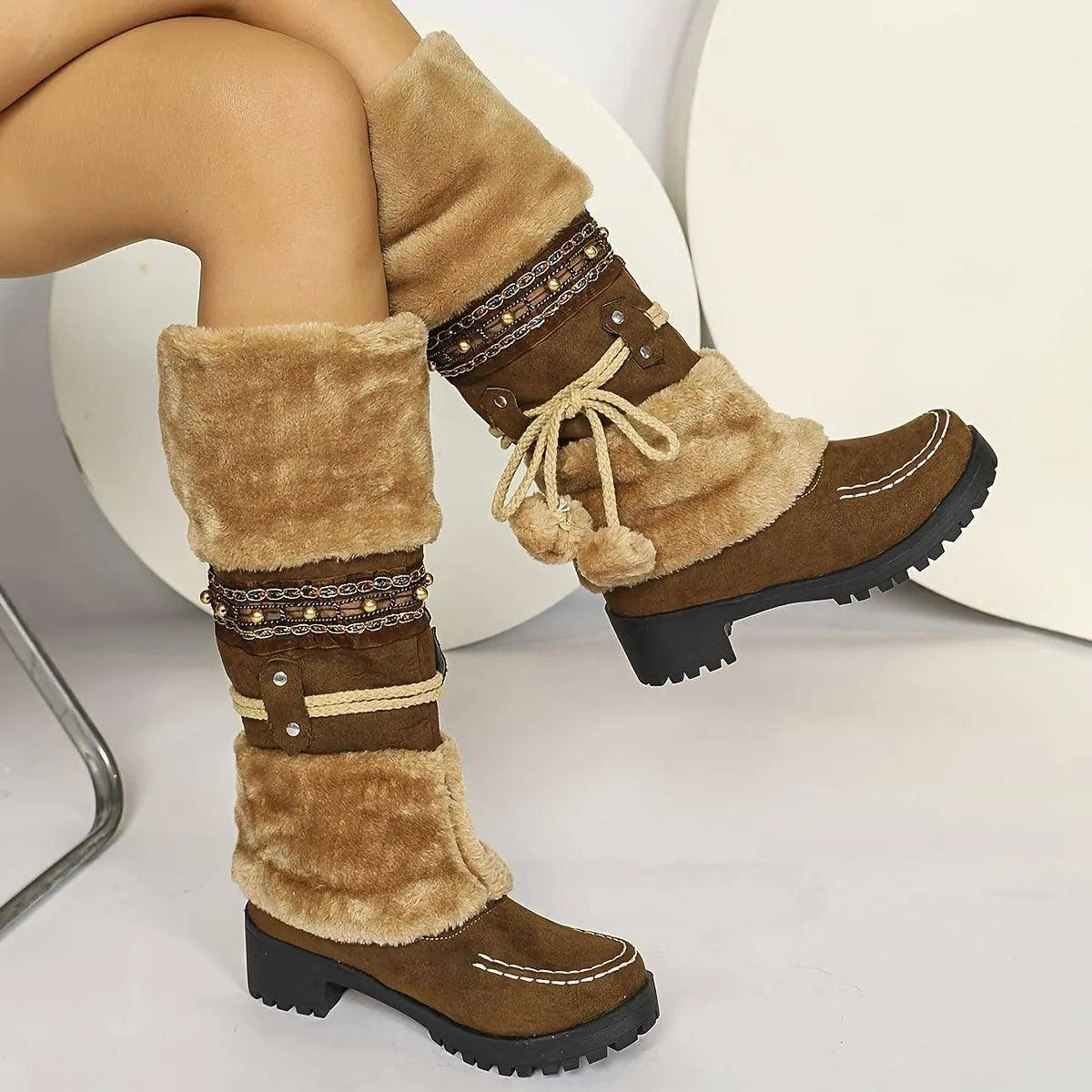 Women's Retro Snow Boots, Fleece Pom-pom Decor Chunky Heeled Boots, Winter Warm Mid Calf Boots SS69