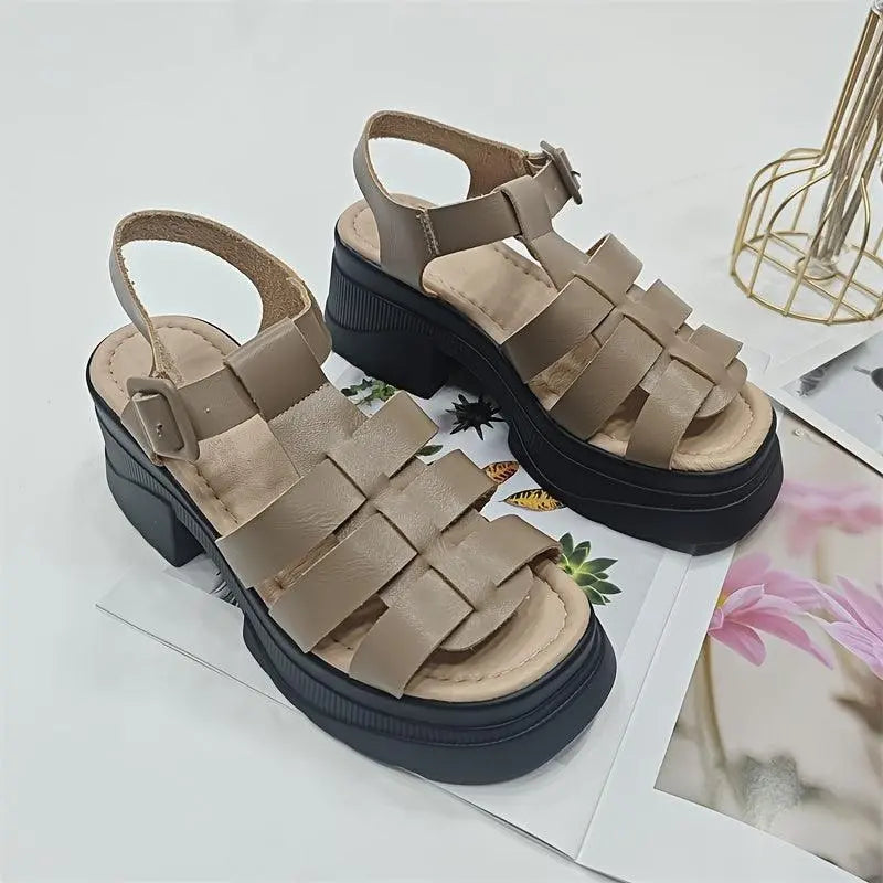 Women's Solid Color Chunky Heel Sandals, Fashion Open Toe Summer Shoes, Comfortable Buckle Strap Sandals - SS69