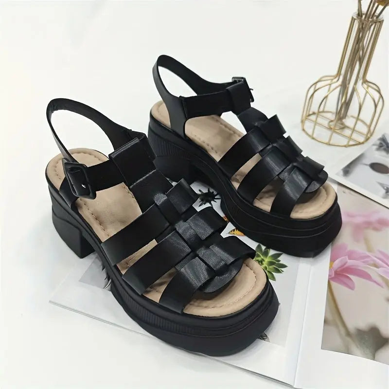 Women's Solid Color Chunky Heel Sandals, Fashion Open Toe Summer Shoes, Comfortable Buckle Strap Sandals SS69