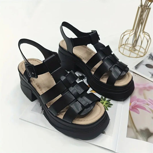 Women's Solid Color Chunky Heel Sandals, Fashion Open Toe Summer Shoes, Comfortable Buckle Strap Sandals SS69