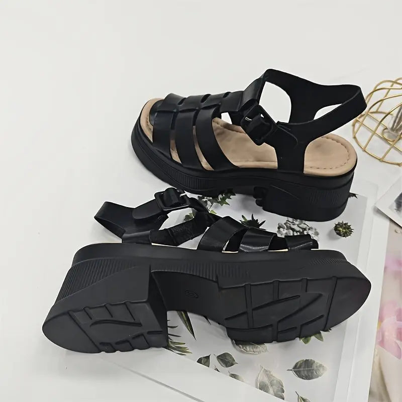 Women's Solid Color Chunky Heel Sandals, Fashion Open Toe Summer Shoes, Comfortable Buckle Strap Sandals SS69