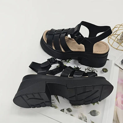 Women's Solid Color Chunky Heel Sandals, Fashion Open Toe Summer Shoes, Comfortable Buckle Strap Sandals SS69