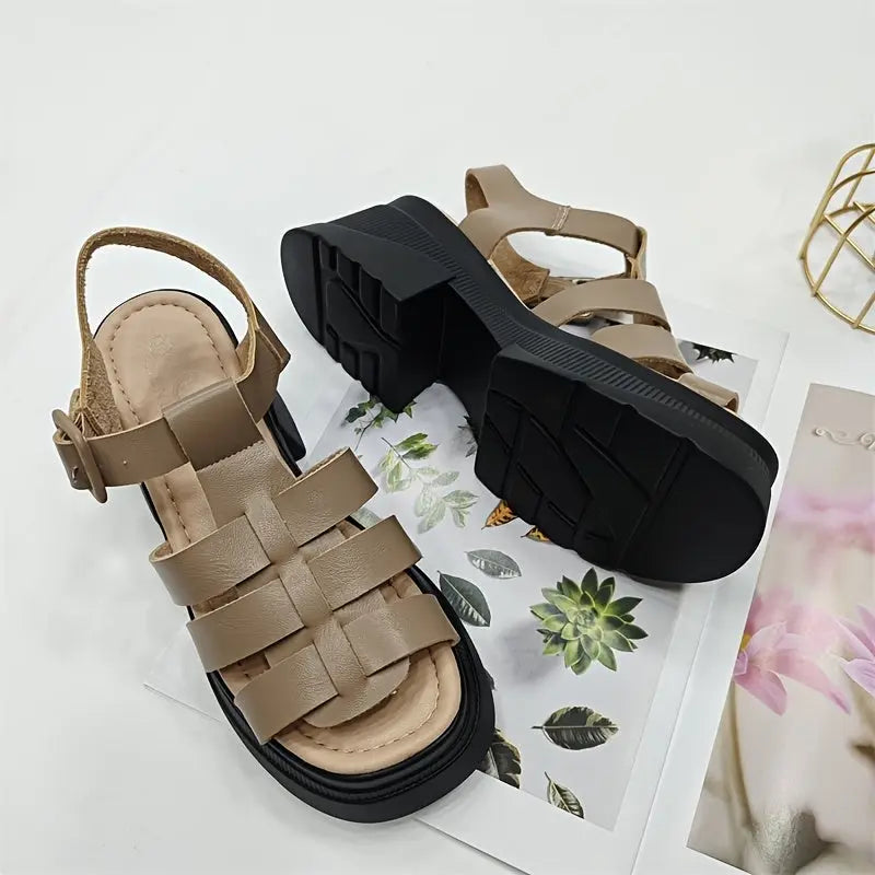 Women's Solid Color Chunky Heel Sandals, Fashion Open Toe Summer Shoes, Comfortable Buckle Strap Sandals SS69