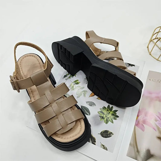 Women's Solid Color Chunky Heel Sandals, Fashion Open Toe Summer Shoes, Comfortable Buckle Strap Sandals SS69