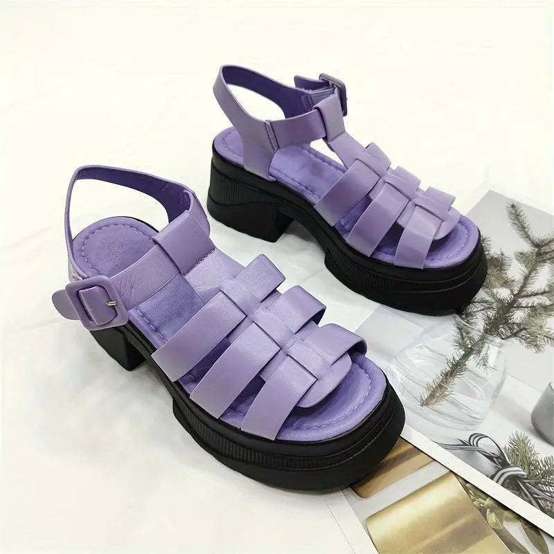 Women's Solid Color Chunky Heel Sandals, Fashion Open Toe Summer Shoes, Comfortable Buckle Strap Sandals SS69