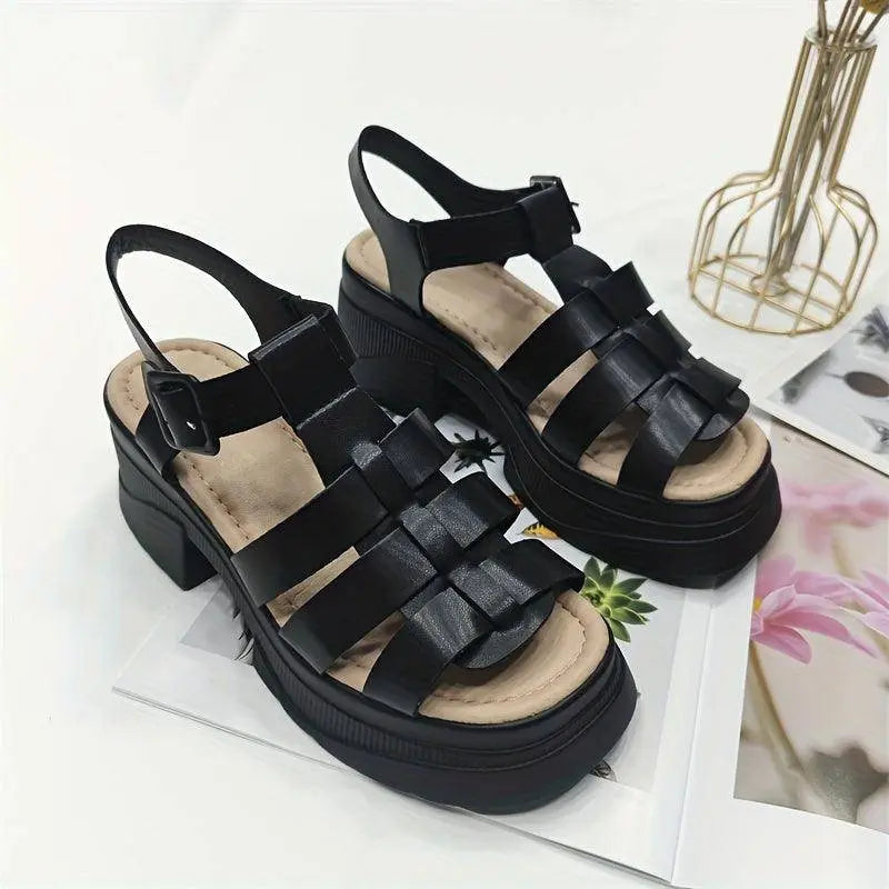 Women's Solid Color Chunky Heel Sandals, Fashion Open Toe Summer Shoes, Comfortable Buckle Strap Sandals SS69