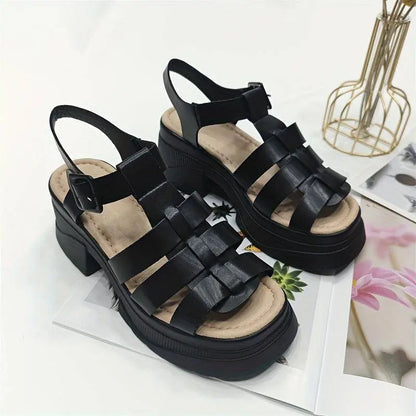 Women's Solid Color Chunky Heel Sandals, Fashion Open Toe Summer Shoes, Comfortable Buckle Strap Sandals SS69