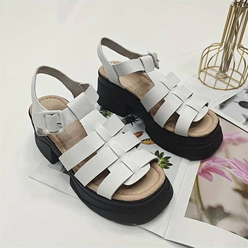 Women's Solid Color Chunky Heel Sandals, Fashion Open Toe Summer Shoes, Comfortable Buckle Strap Sandals SS69