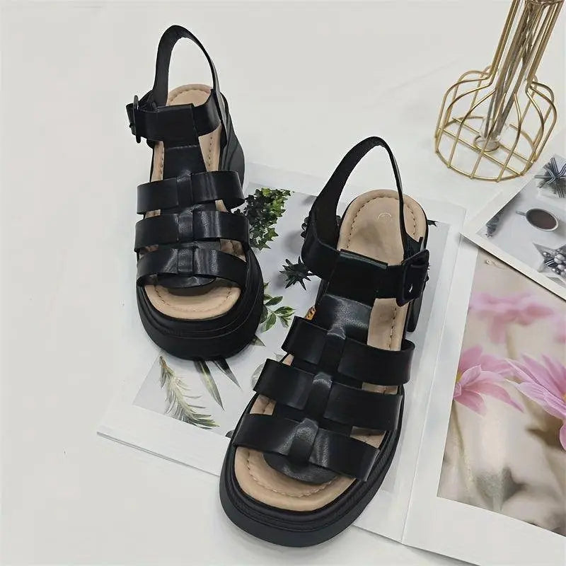 Women's Solid Color Chunky Heel Sandals, Fashion Open Toe Summer Shoes, Comfortable Buckle Strap Sandals SS69