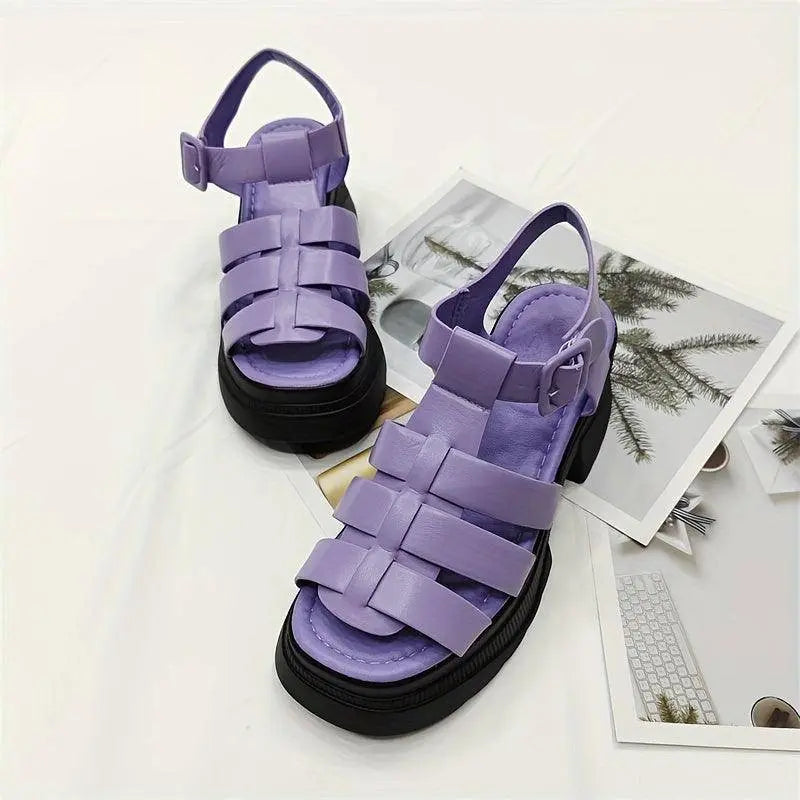 Women's Solid Color Chunky Heel Sandals, Fashion Open Toe Summer Shoes, Comfortable Buckle Strap Sandals SS69