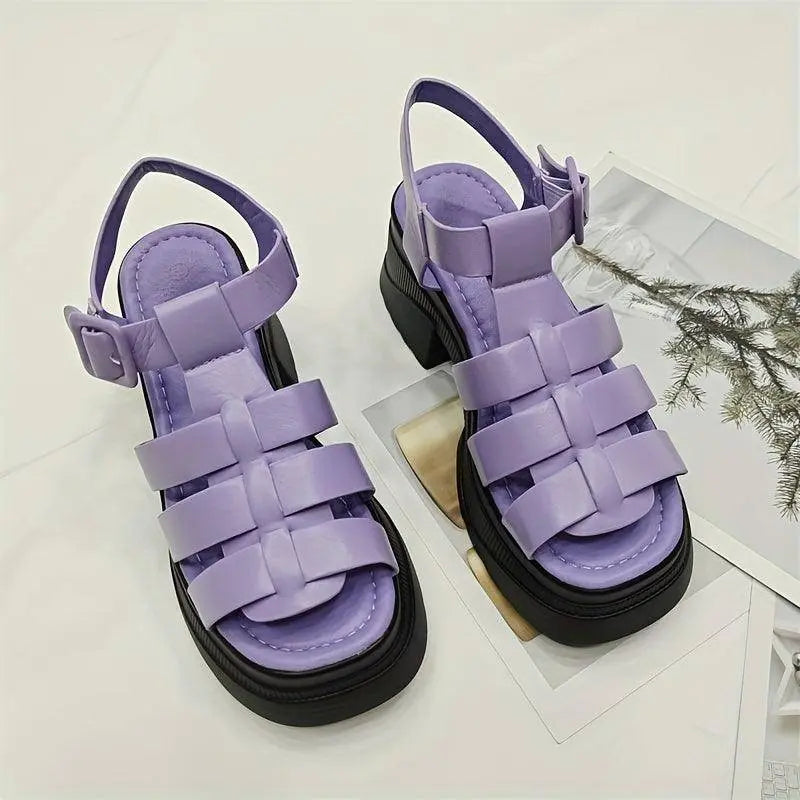Women's Solid Color Chunky Heel Sandals, Fashion Open Toe Summer Shoes, Comfortable Buckle Strap Sandals SS69