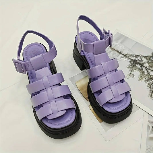 Women's Solid Color Chunky Heel Sandals, Fashion Open Toe Summer Shoes, Comfortable Buckle Strap Sandals SS69
