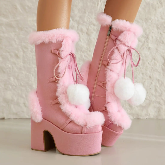 Women's Solid Color Fluffy Boots, Side Zipper Pull On Platform Warm Plush Lined Chunky Heels, Non-slip Y2K Fluffy Ball Boots SS69