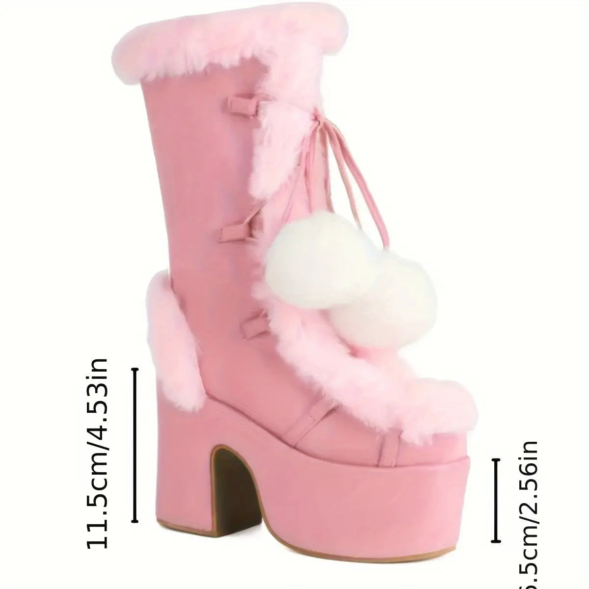 Women's Solid Color Fluffy Boots, Side Zipper Pull On Platform Warm Plush Lined Chunky Heels, Non-slip Y2K Fluffy Ball Boots SS69