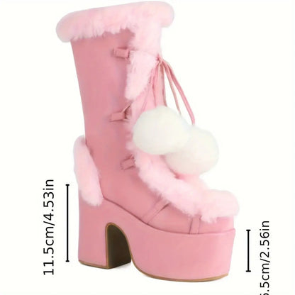 Women's Solid Color Fluffy Boots, Side Zipper Pull On Platform Warm Plush Lined Chunky Heels, Non-slip Y2K Fluffy Ball Boots SS69