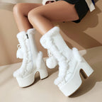 Women's Solid Color Fluffy Boots, Side Zipper Pull On Platform Warm Plush Lined Chunky Heels, Non-slip Y2K Fluffy Ball Boots SS69