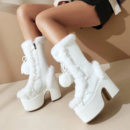 Women's Solid Color Fluffy Boots, Side Zipper Pull On Platform Warm Plush Lined Chunky Heels, Non-slip Y2K Fluffy Ball Boots SS69