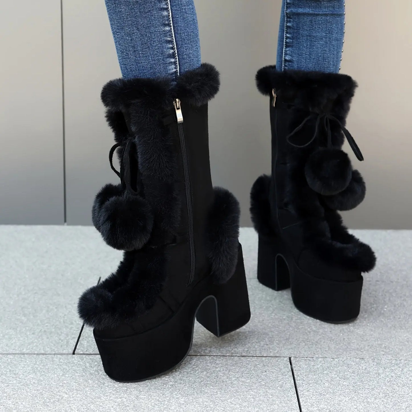 Women's Solid Color Fluffy Boots, Side Zipper Pull On Platform Warm Plush Lined Chunky Heels, Non-slip Y2K Fluffy Ball Boots SS69