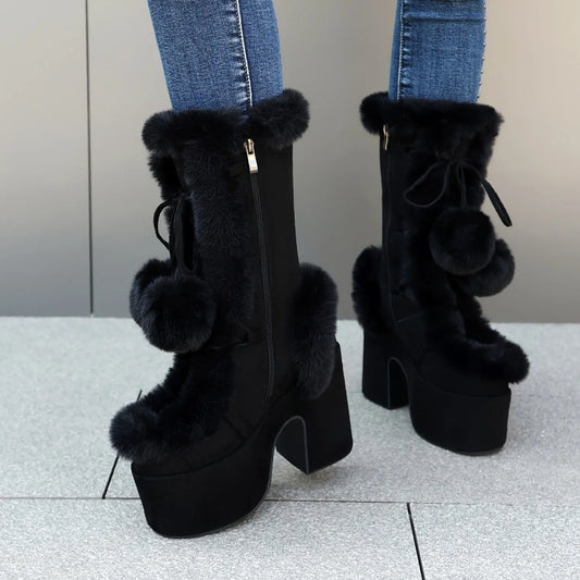 Women's Solid Color Fluffy Boots, Side Zipper Pull On Platform Warm Plush Lined Chunky Heels, Non-slip Y2K Fluffy Ball Boots SS69