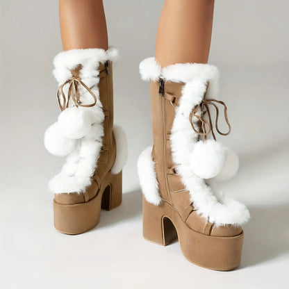 Women's Solid Color Fluffy Boots, Side Zipper Pull On Platform Warm Plush Lined Chunky Heels, Non-slip Y2K Fluffy Ball Boots SS69 81.69 EU 36 / Brownness