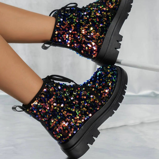 Women's Solid Color Glitter Boots, Lace Up Soft Sole Platform Sequins Decor Boots, Round Toe Dance Show Boots SS69