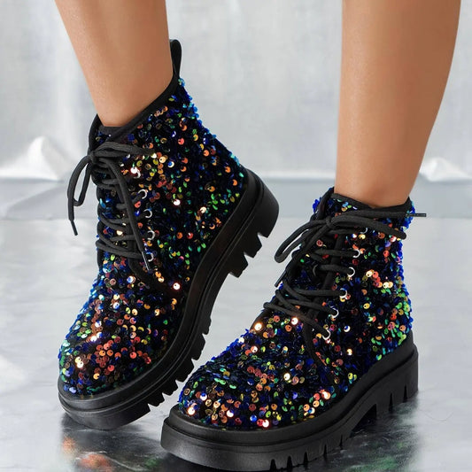 Women's Solid Color Glitter Boots, Lace Up Soft Sole Platform Sequins Decor Boots, Round Toe Dance Show Boots SS69