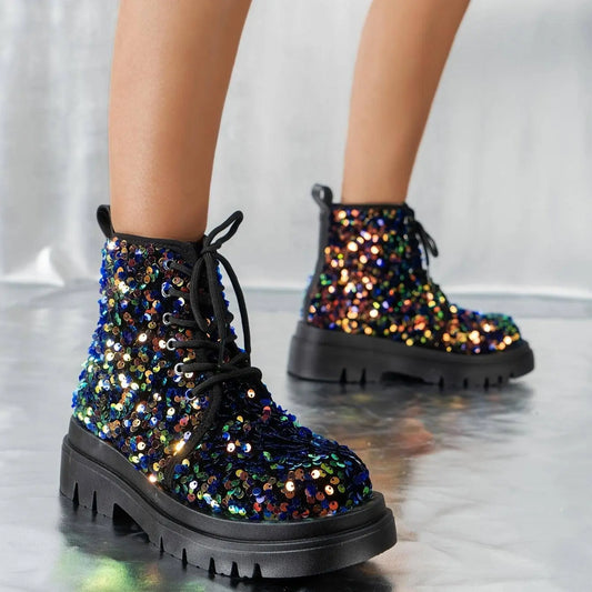 Women's Solid Color Glitter Boots, Lace Up Soft Sole Platform Sequins Decor Boots, Round Toe Dance Show Boots SS69
