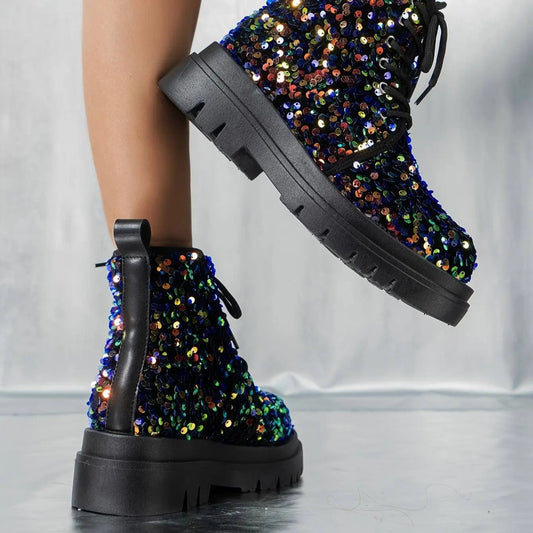 Women's Solid Color Glitter Boots, Lace Up Soft Sole Platform Sequins Decor Boots, Round Toe Dance Show Boots SS69