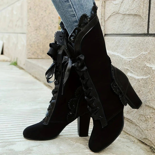 Women's Solid Color Trendy Boots, Lace Up Floral Trim Chunky Heel Boots, Round Toe Mid-calf Vintage Boots SS69
