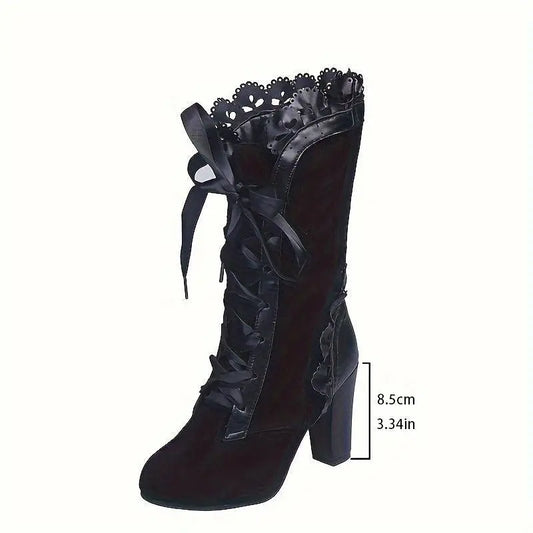 Women's Solid Color Trendy Boots, Lace Up Floral Trim Chunky Heel Boots, Round Toe Mid-calf Vintage Boots SS69