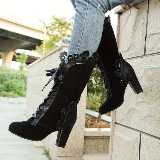 Women's Solid Color Trendy Boots, Lace Up Floral Trim Chunky Heel Boots, Round Toe Mid-calf Vintage Boots SS69