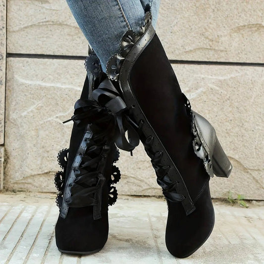 Women's Solid Color Trendy Boots, Lace Up Floral Trim Chunky Heel Boots, Round Toe Mid-calf Vintage Boots SS69