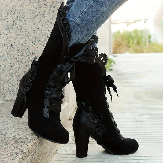 Women's Solid Color Trendy Boots, Lace Up Floral Trim Chunky Heel Boots, Round Toe Mid-calf Vintage Boots SS69 39.69 Black / CN43(EU40.5)