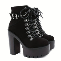 Women's Solid Color Trendy Boots, Platform Side Zipper Comfy Buckle Belt Boots, Chunky Heel Party Show Boots SS69