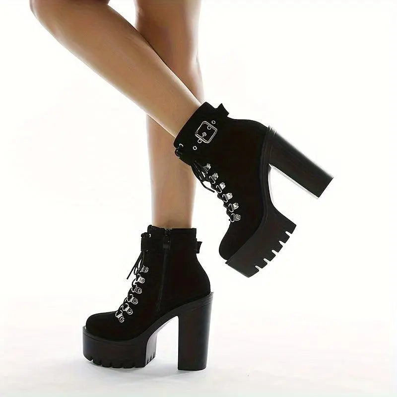 Women's Solid Color Trendy Boots, Platform Side Zipper Comfy Buckle Belt Boots, Chunky Heel Party Show Boots SS69