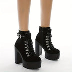 Women's Solid Color Trendy Boots, Platform Side Zipper Comfy Buckle Belt Boots, Chunky Heel Party Show Boots SS69