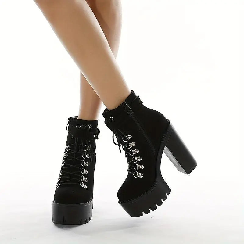 Women's Solid Color Trendy Boots, Platform Side Zipper Comfy Buckle Belt Boots, Chunky Heel Party Show Boots SS69