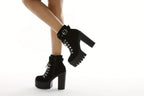 Women's Solid Color Trendy Boots, Platform Side Zipper Comfy Buckle Belt Boots, Chunky Heel Party Show Boots SS69