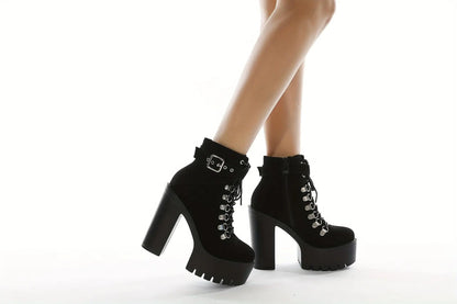 Women's Solid Color Trendy Boots, Platform Side Zipper Comfy Buckle Belt Boots, Chunky Heel Party Show Boots SS69