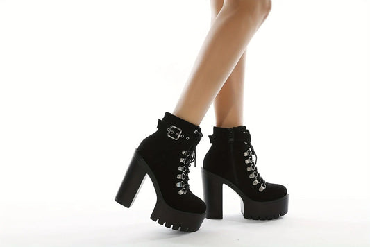 Women's Solid Color Trendy Boots, Platform Side Zipper Comfy Buckle Belt Boots, Chunky Heel Party Show Boots SS69