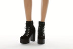 Women's Solid Color Trendy Boots, Platform Side Zipper Comfy Buckle Belt Boots, Chunky Heel Party Show Boots SS69