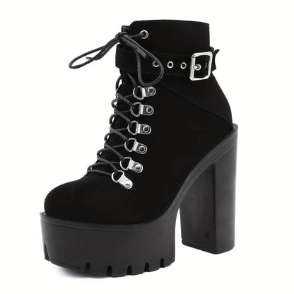 Women's Solid Color Trendy Boots, Platform Side Zipper Comfy Buckle Belt Boots, Chunky Heel Party Show Boots SS69 75.69 Black / CN42(EU42)