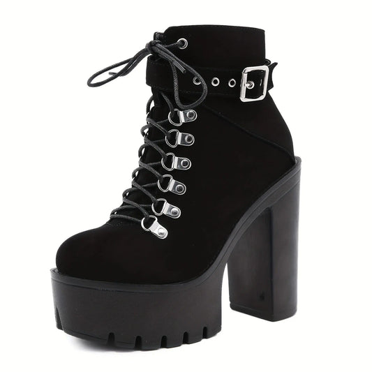 Women's Solid Color Trendy Boots, Platform Side Zipper Comfy Buckle Belt Boots, Chunky Heel Party Show Boots SS69 75.69 Black / CN42(EU42)